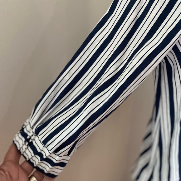 Beau Chemise Navy White Striped Ruffle Collar Button Front Tunic Blouse - Picture 3 of 6